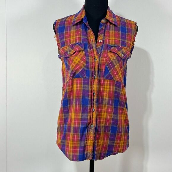 Hurley Colorful Plaid Cut-Off Button Down Flannel Women’s Size Small - Picture 2 of 12